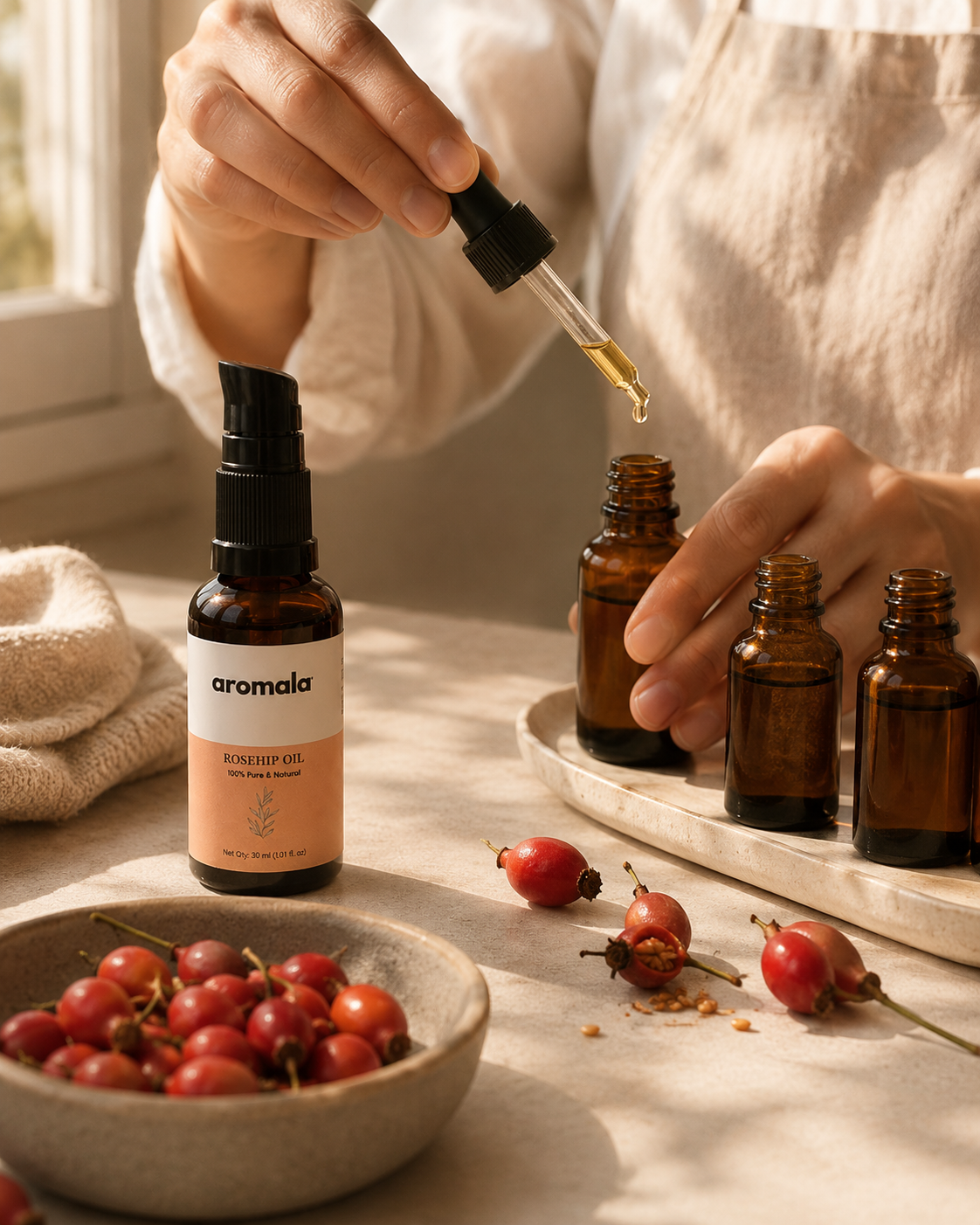 Aromala founder hand-decanting organic rosehip oil in the atelier