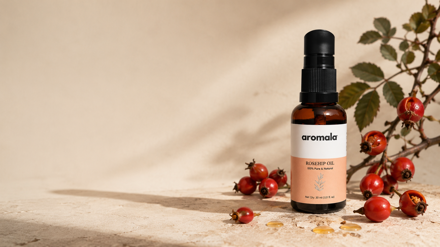 Aromala organic skincare and haircare — rosehip oil bottle with fresh rosehip fruit, editorial still life